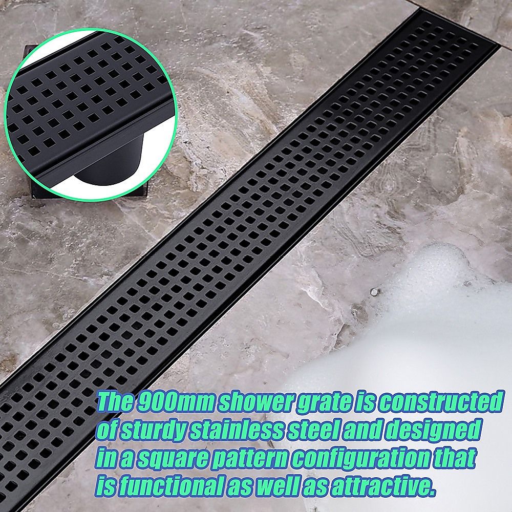 Bathroom Shower Black Grate Drain 900mm with Centre Outlet Floor Waste Square Pattern