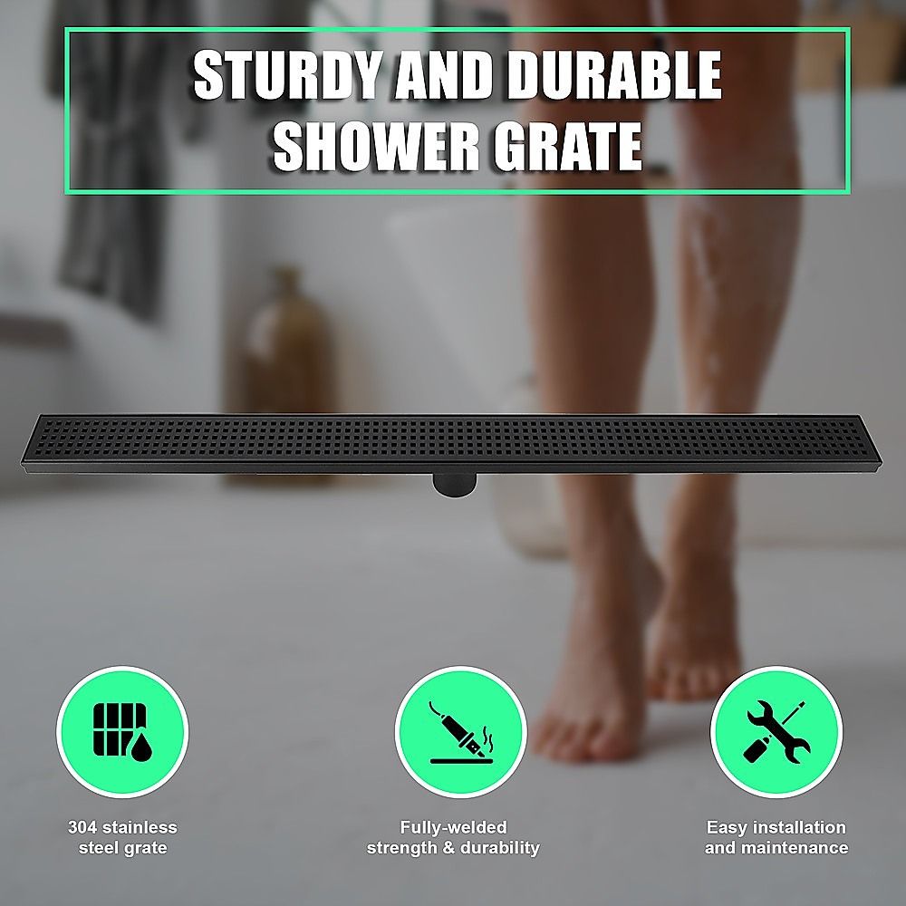 Bathroom Shower Black Grate Drain 900mm with Centre Outlet Floor Waste Square Pattern