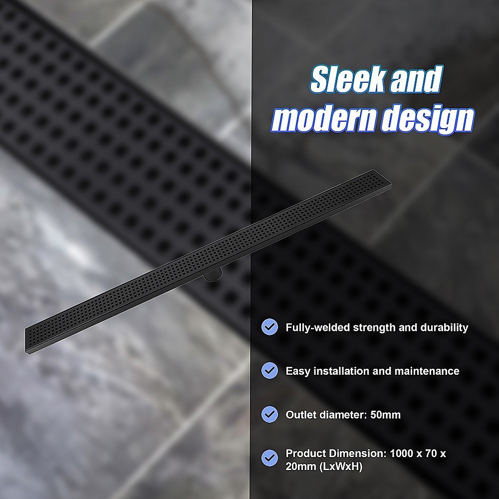 Bathroom Shower Black Grate Drain 1000mm with Centre Outlet Floor Waste Square Pattern