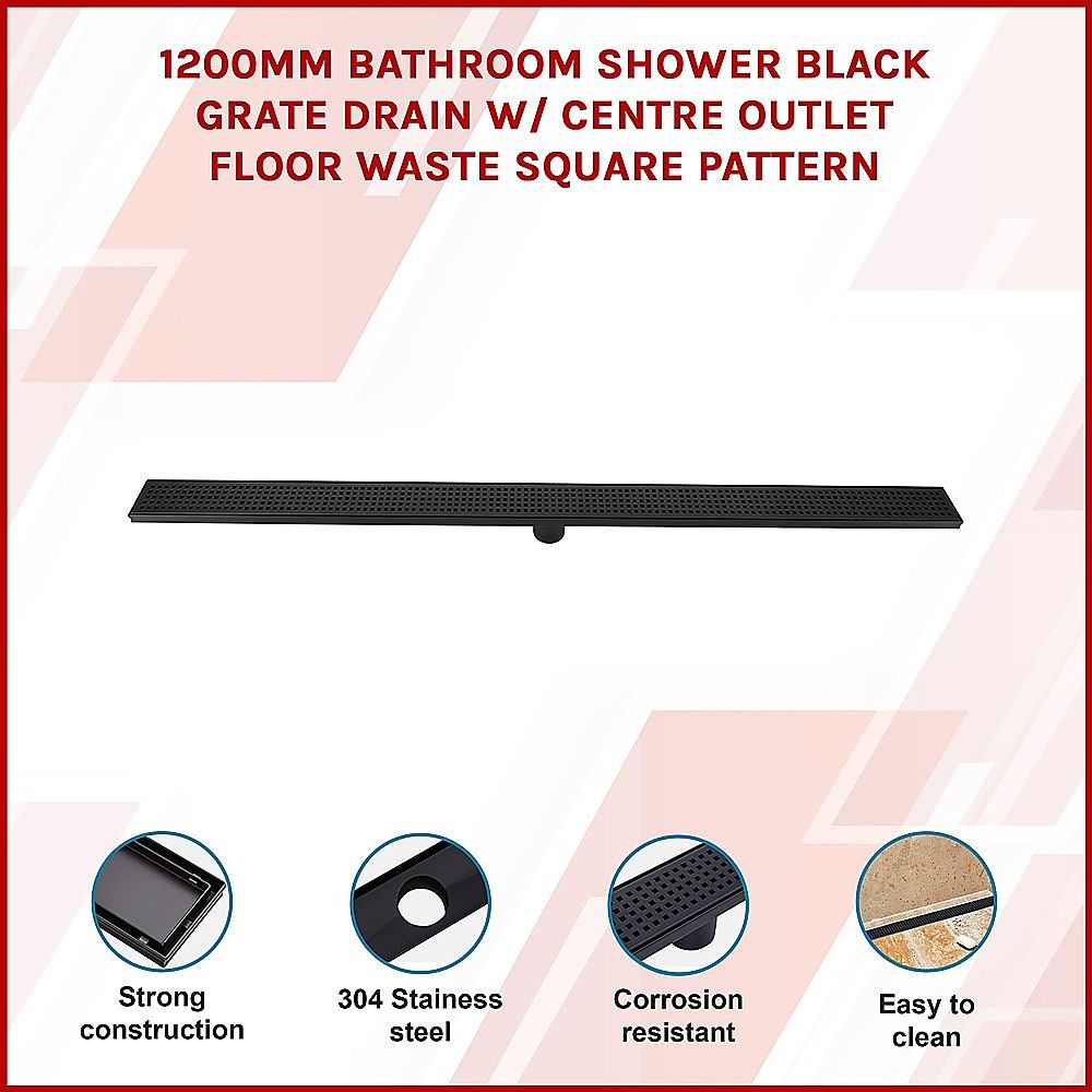 Bathroom Shower Black Grate Drain 1200mm with Centre Outlet Floor Waste Square Pattern