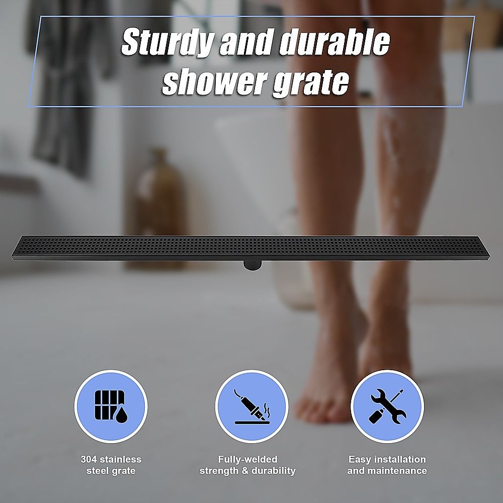 Bathroom Shower Black Grate Drain 1200mm with Centre Outlet Floor Waste Square Pattern