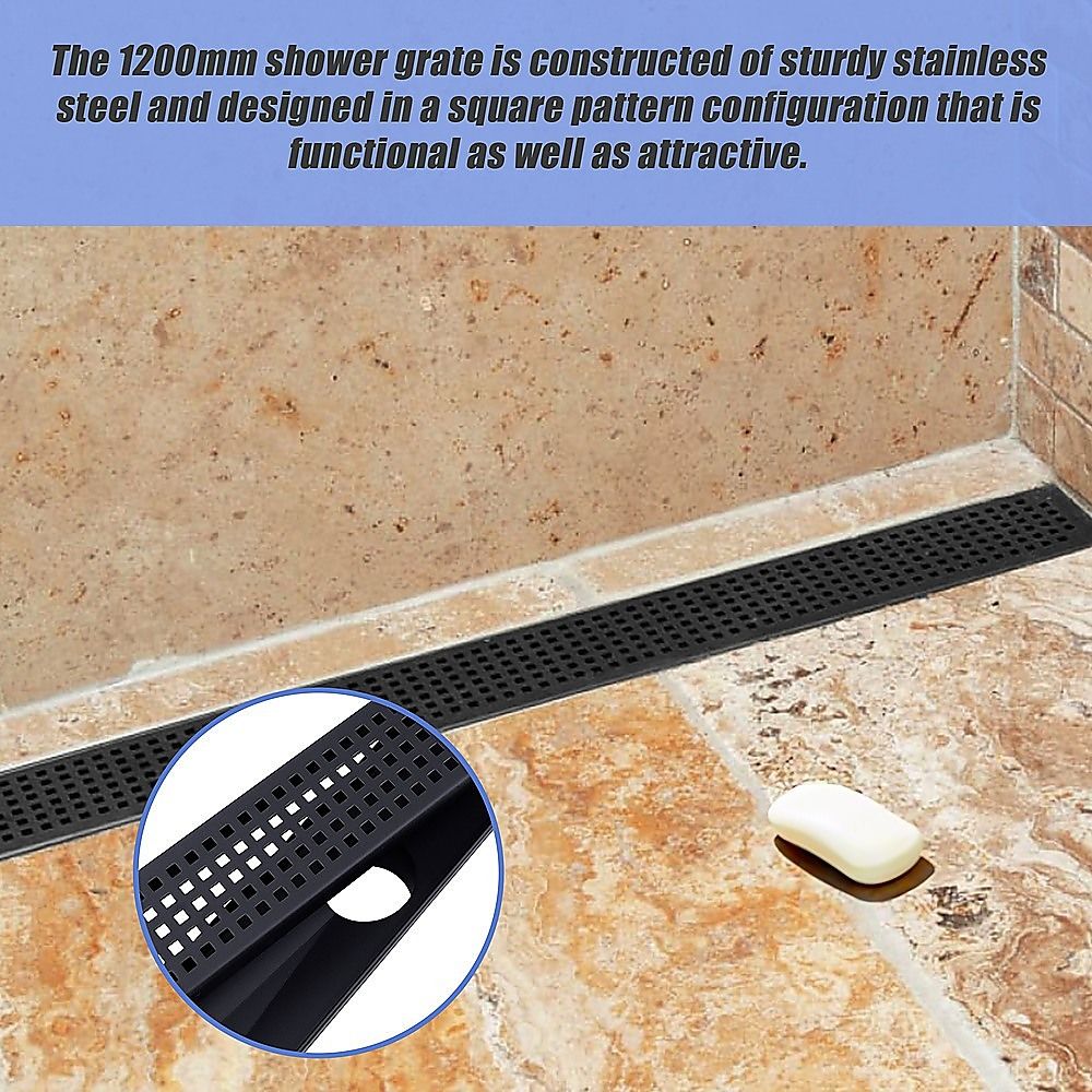 Bathroom Shower Black Grate Drain 1200mm with Centre Outlet Floor Waste Square Pattern