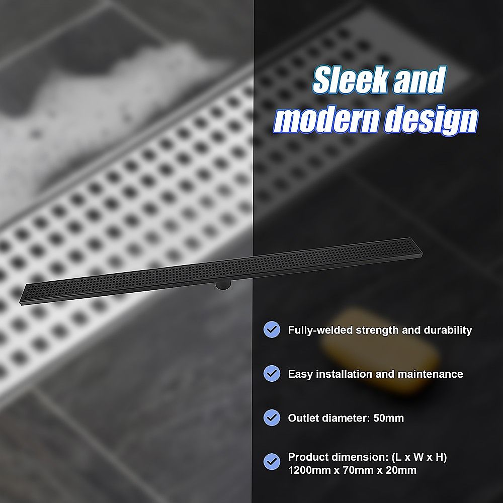 Bathroom Shower Black Grate Drain 1200mm with Centre Outlet Floor Waste Square Pattern