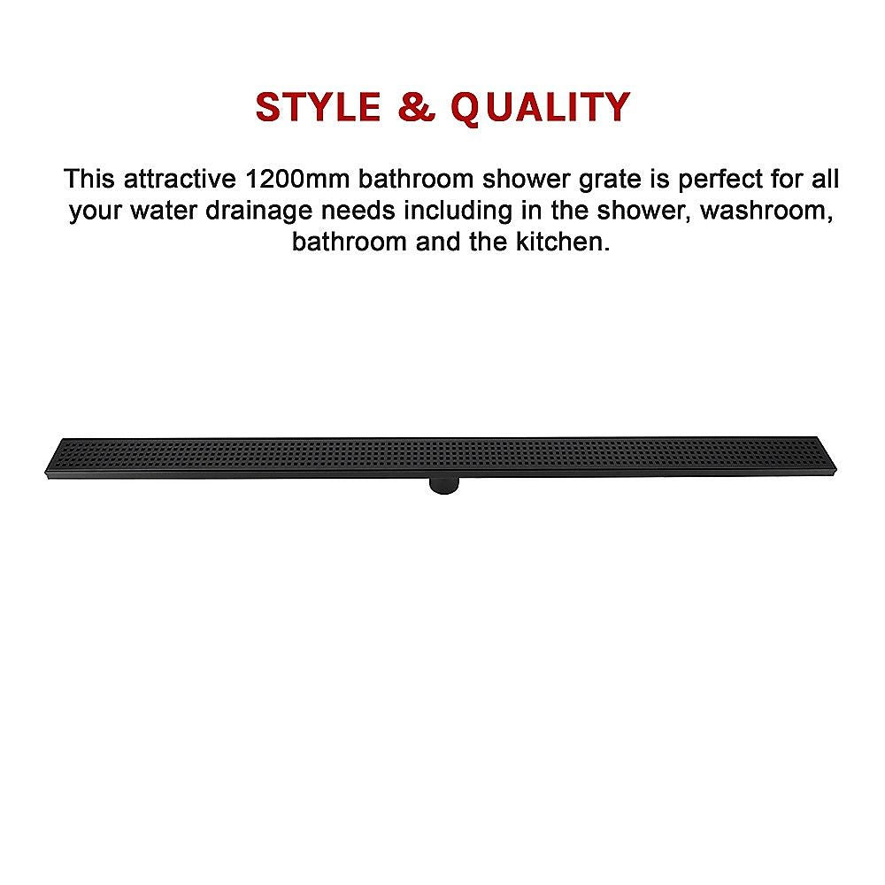Bathroom Shower Black Grate Drain 1200mm with Centre Outlet Floor Waste Square Pattern