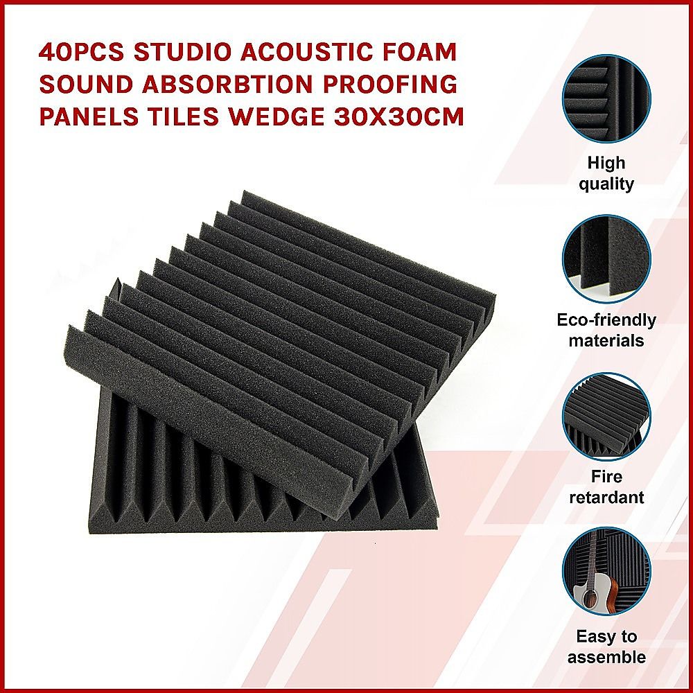 Studio Acoustic Foam Sound Absorption Proofing Panels 40pcs Wedge Tiles - 30x30cm