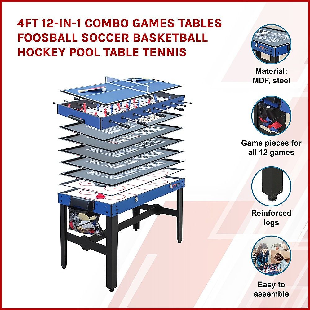 Games Table 4FT 12-in-1 Combo Foosball Soccer Basketball Hockey Pool Tennis