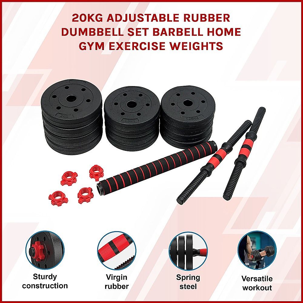 Dumbbell Set Adjustable 20kg Rubber Barbell Home Gym Exercise Weights
