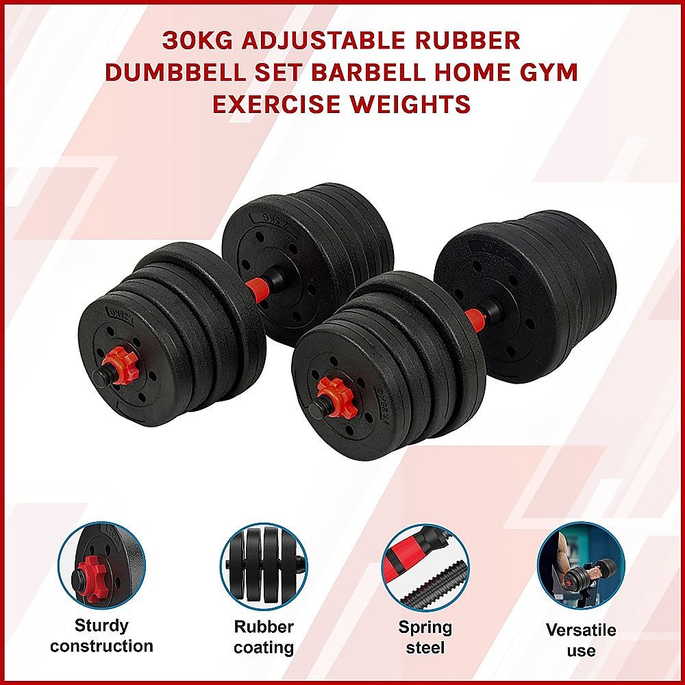 Dumbbell Set Adjustable 30kg Rubber Barbell Home Gym Exercise Weights