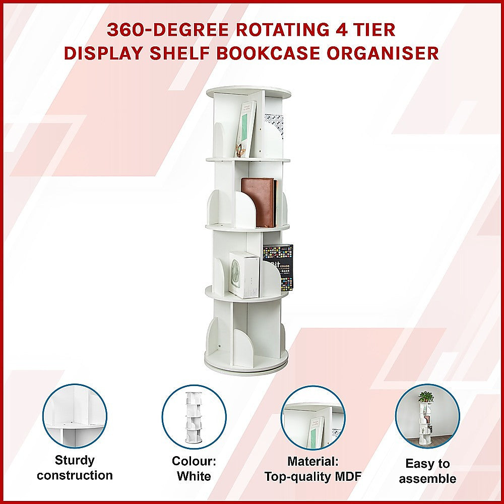 Display Shelf 4 Tier 360-Degree Rotating Bookcase Organiser