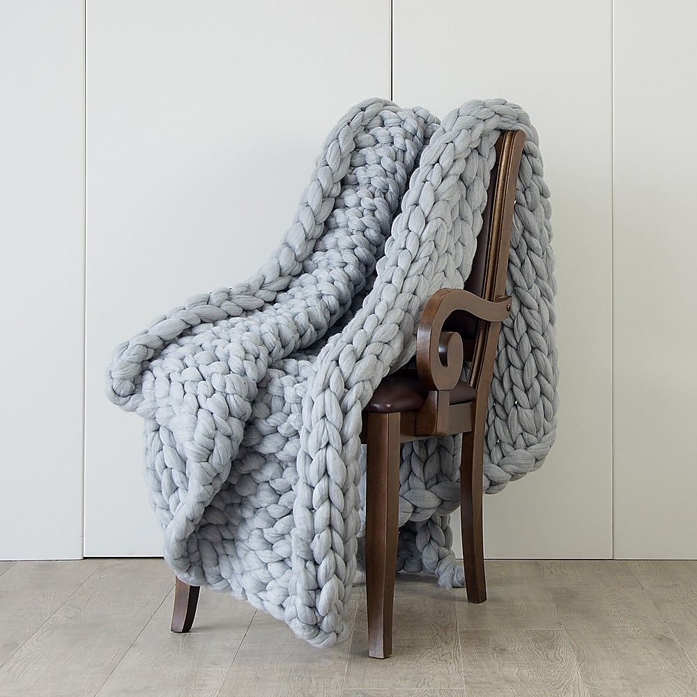 Chunky Blanket Hand Knitted Thick Acrylic Yarn Home Throw Rug - Grey