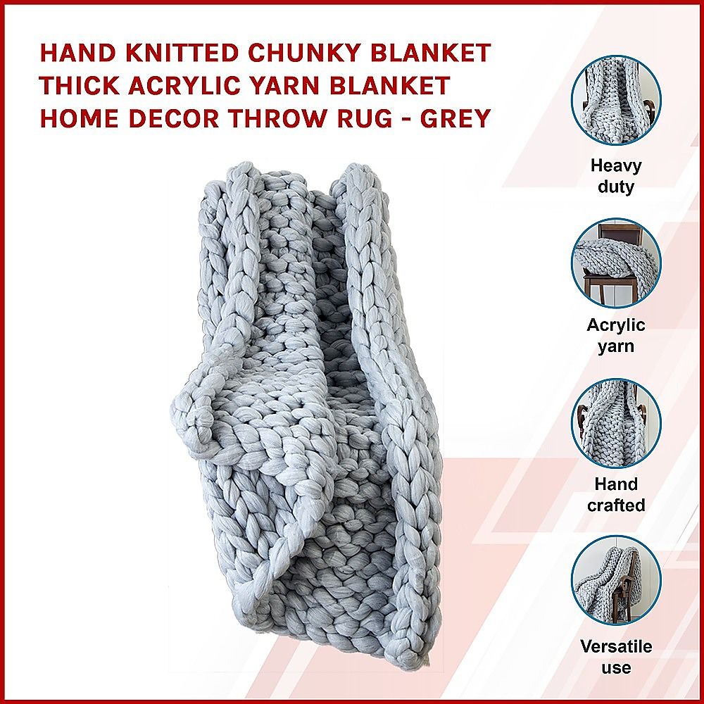 Chunky Blanket Hand Knitted Thick Acrylic Yarn Home Throw Rug - Grey