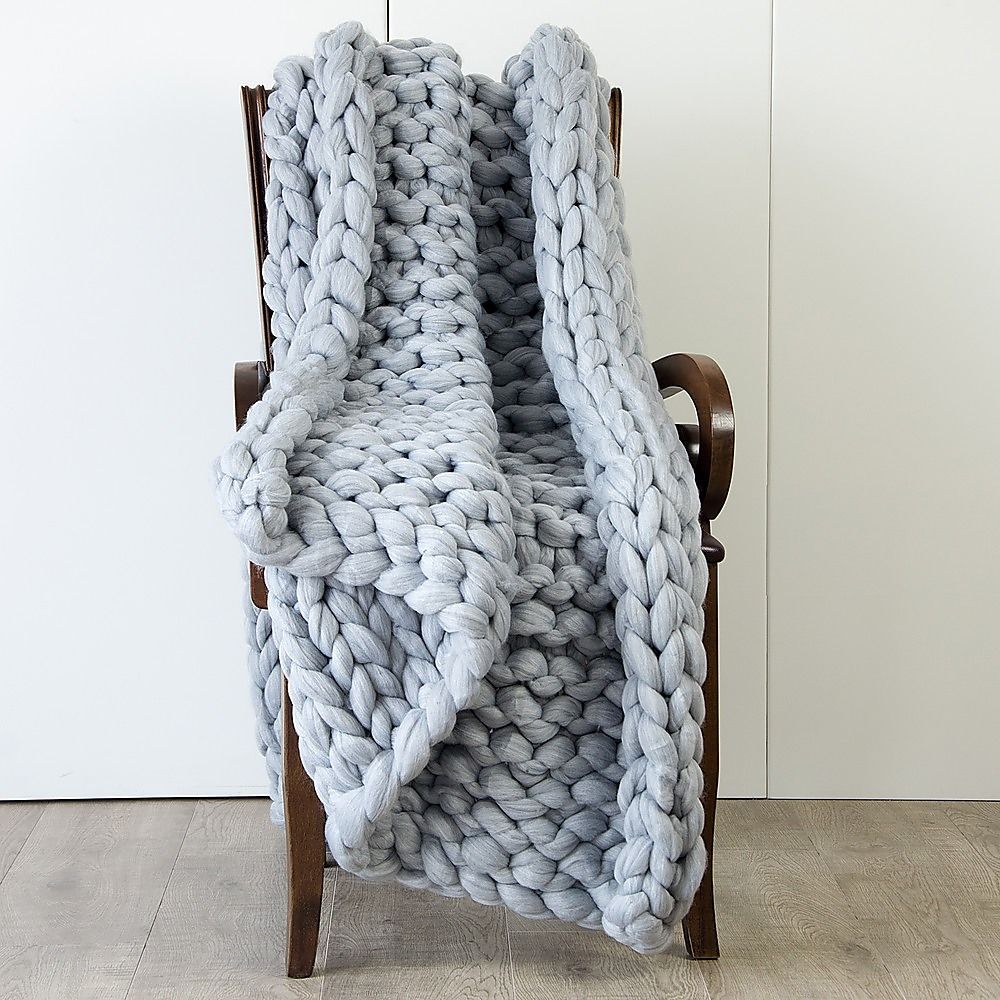 Chunky Blanket Hand Knitted Thick Acrylic Yarn Home Throw Rug - Grey