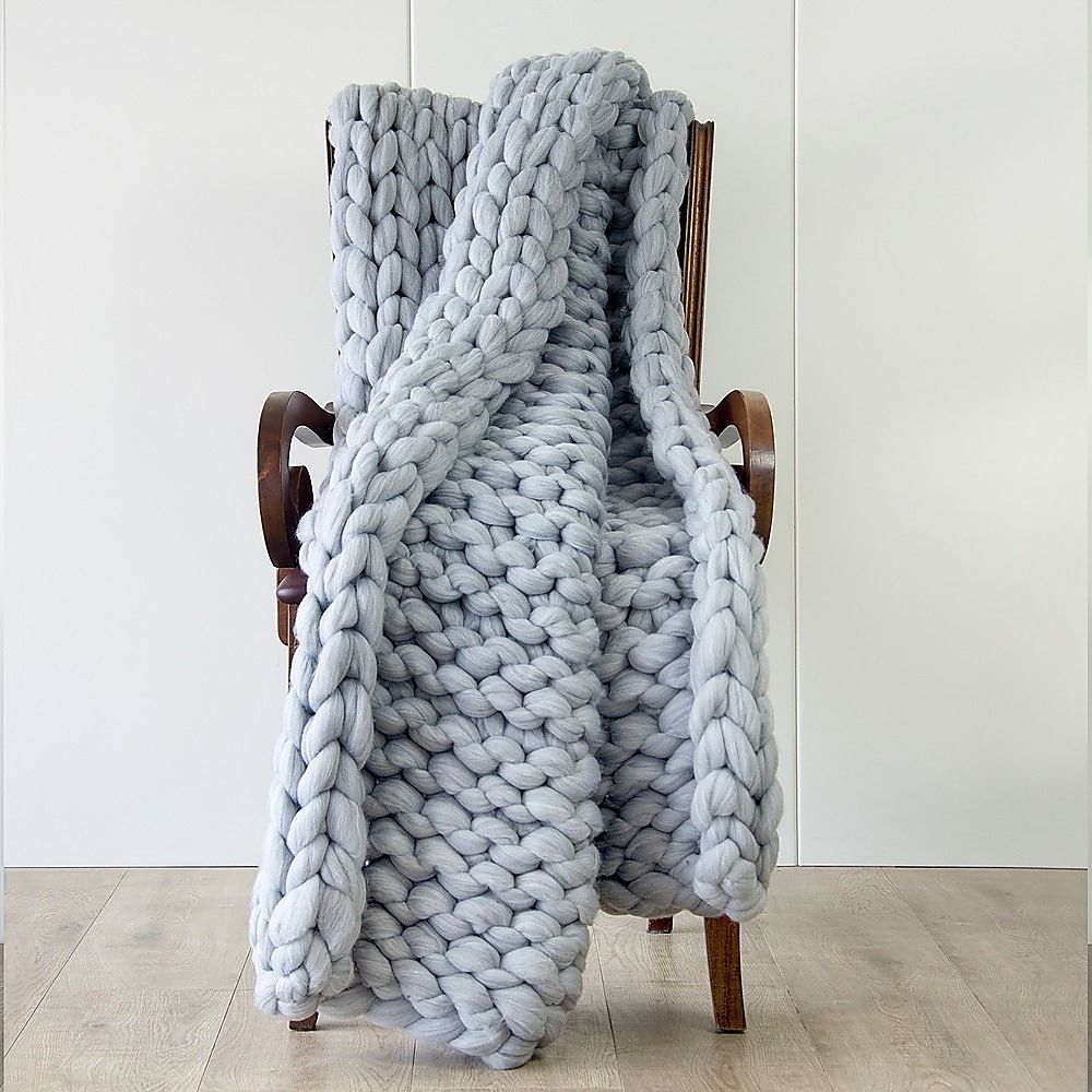 Chunky Blanket Hand Knitted Thick Acrylic Yarn Home Throw Rug - Grey