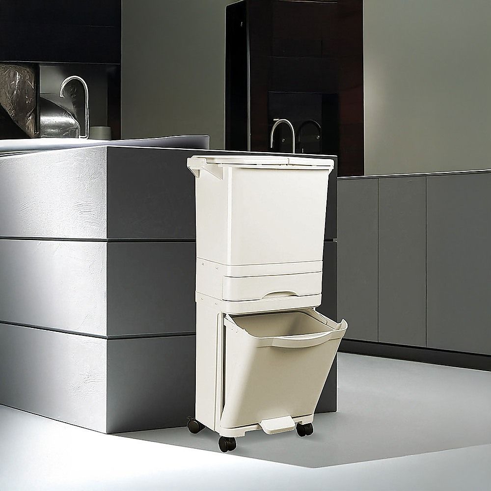 Rubbish Bin 42L Waste Trash Can Pedal Recycling Kitchen Wheel 2 Compartment