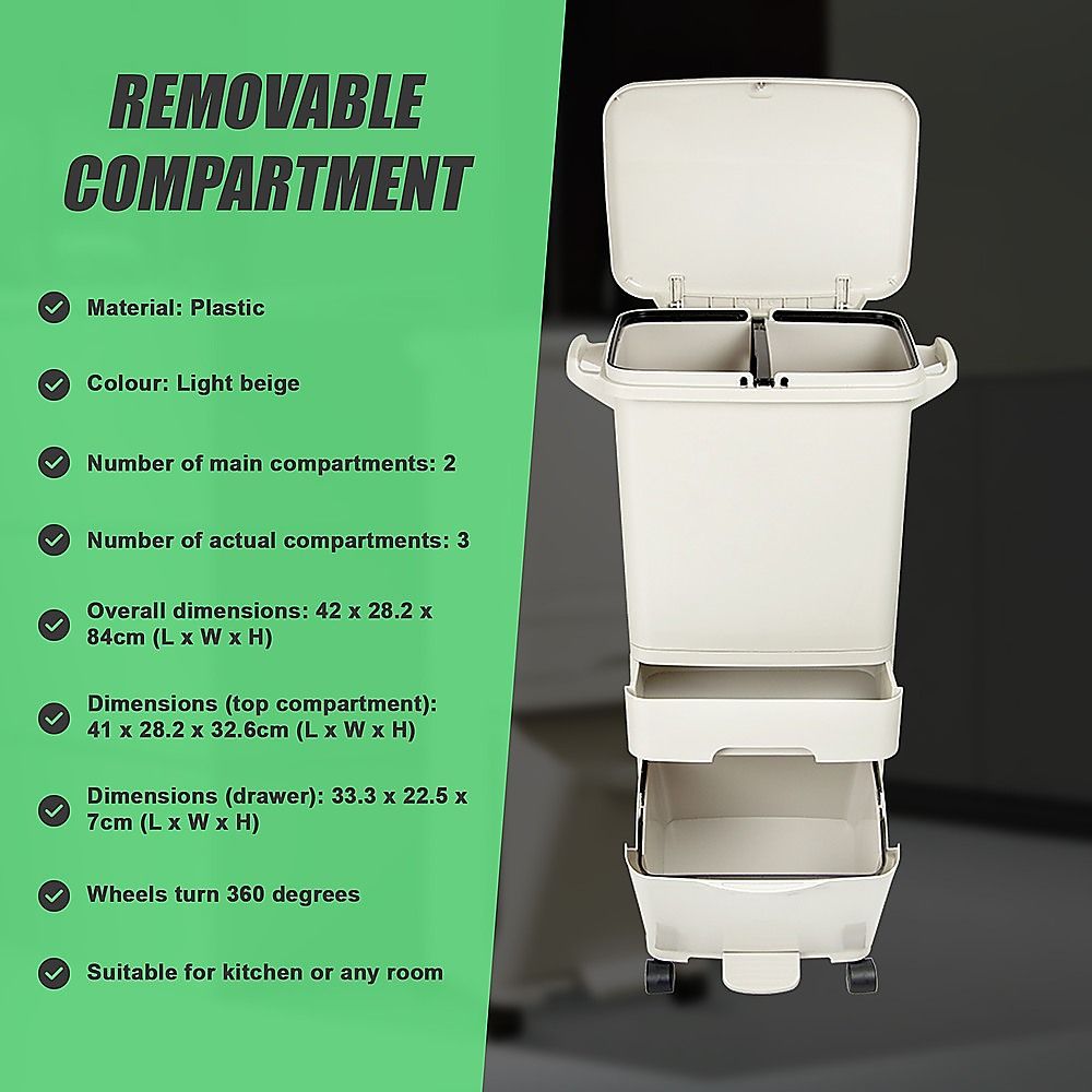 Rubbish Bin 42L Waste Trash Can Pedal Recycling Kitchen Wheel 2 Compartment