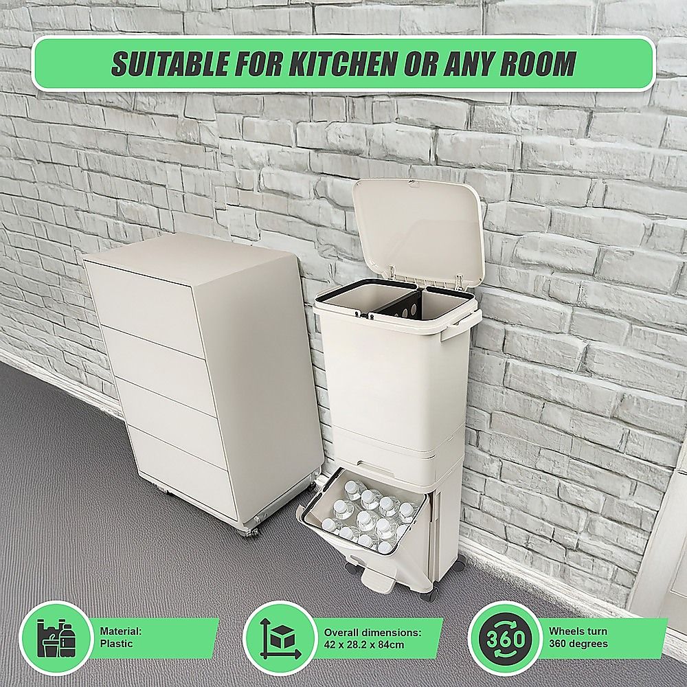 Rubbish Bin 42L Waste Trash Can Pedal Recycling Kitchen Wheel 2 Compartment