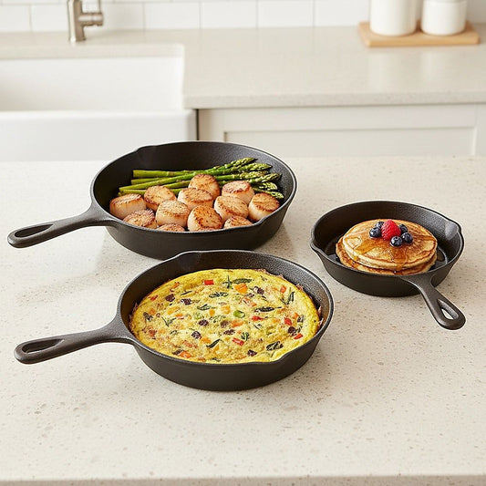 Cast Iron Skillet Fry Pan Set Pre-Seasoned 3 Pcs Frying Pan Set