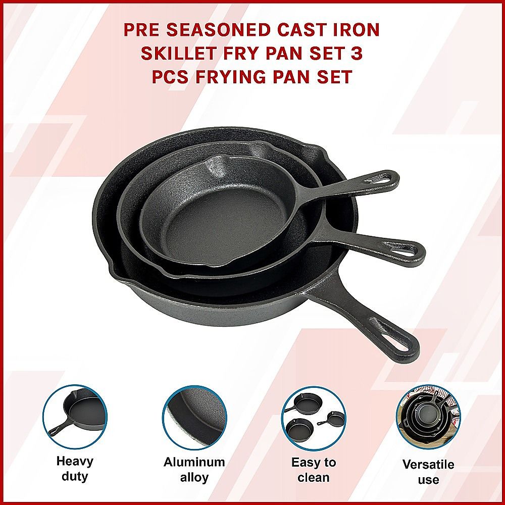 Cast Iron Skillet Fry Pan Set Pre-Seasoned 3 Pcs Frying Pan Set