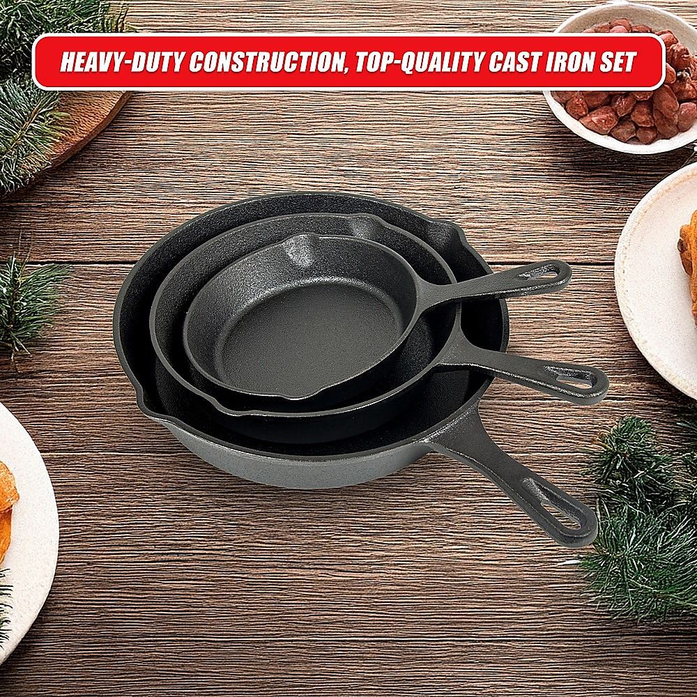 Cast Iron Skillet Fry Pan Set Pre-Seasoned 3 Pcs Frying Pan Set