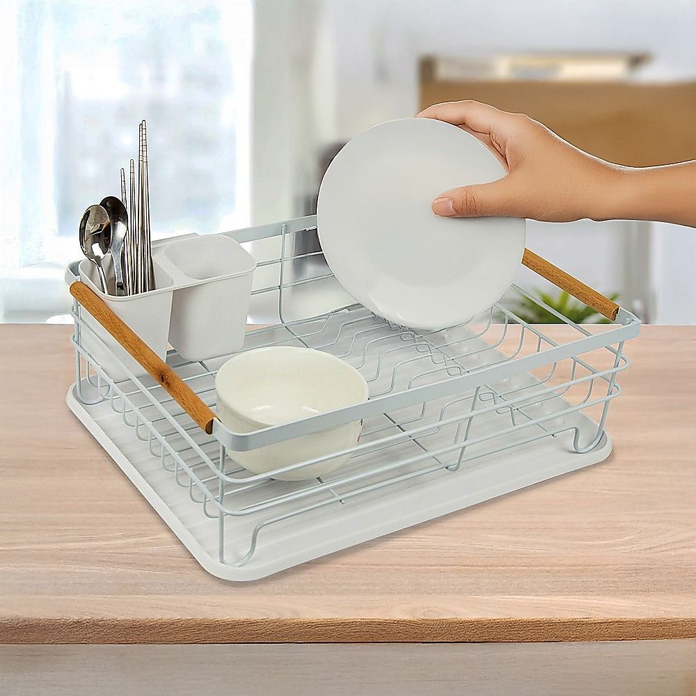 Dish Drying Rack Metal Drainboard Holder Tray Kitchen Plates Cutlery Wood Handle