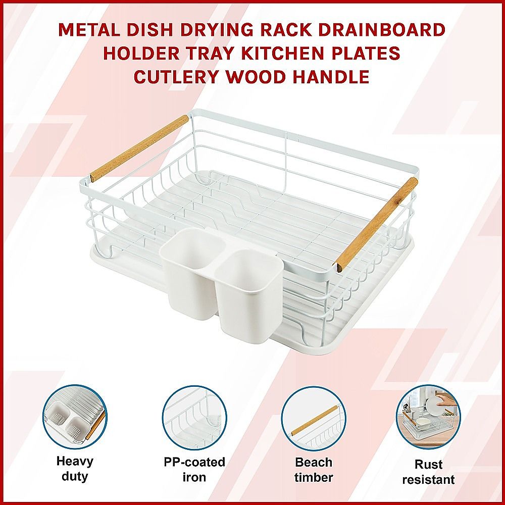 Dish Drying Rack Metal Drainboard Holder Tray Kitchen Plates Cutlery Wood Handle