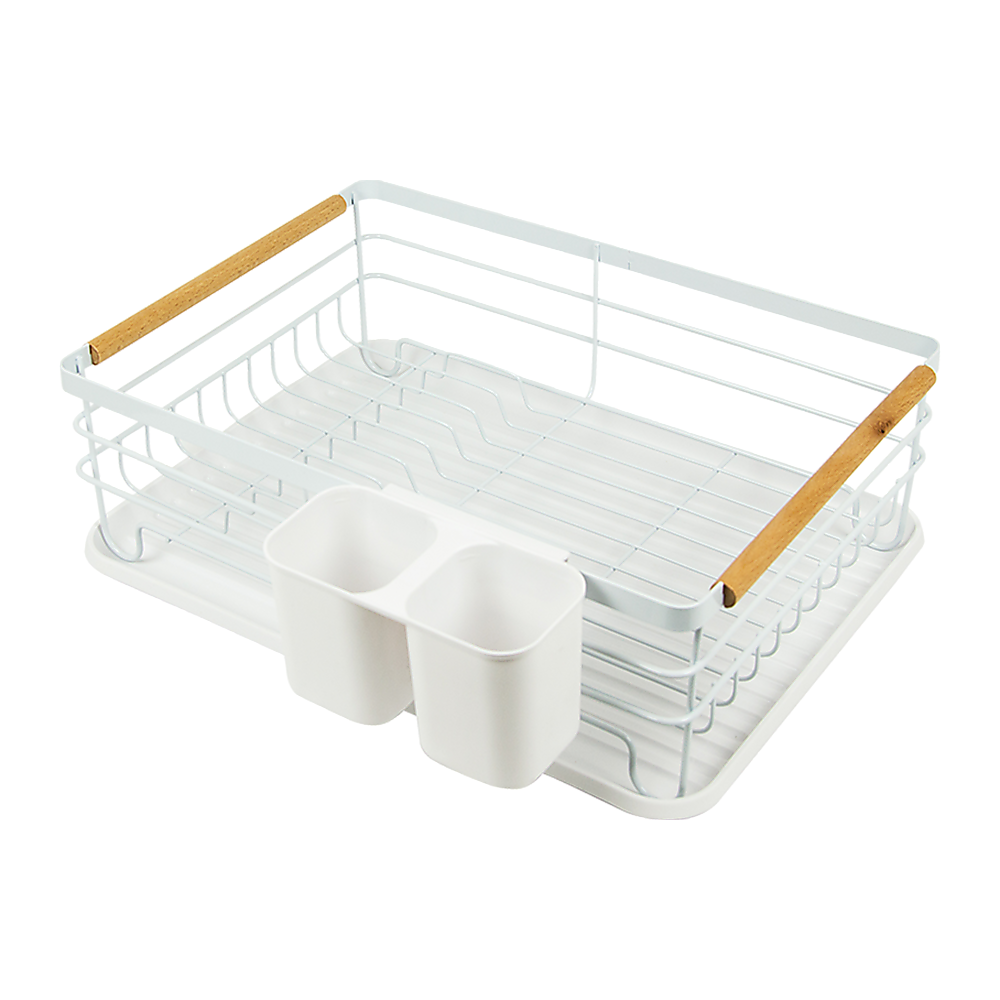 Dish Drying Rack Metal Drainboard Holder Tray Kitchen Plates Cutlery Wood Handle