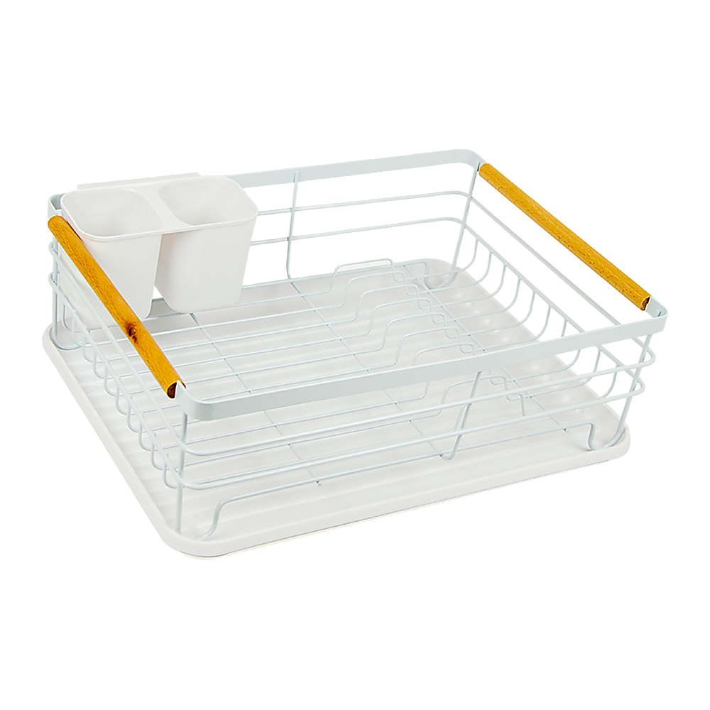 Dish Drying Rack Metal Drainboard Holder Tray Kitchen Plates Cutlery Wood Handle