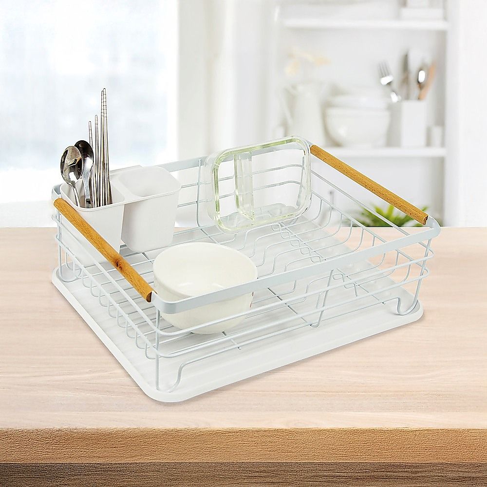 Dish Drying Rack Metal Drainboard Holder Tray Kitchen Plates Cutlery Wood Handle