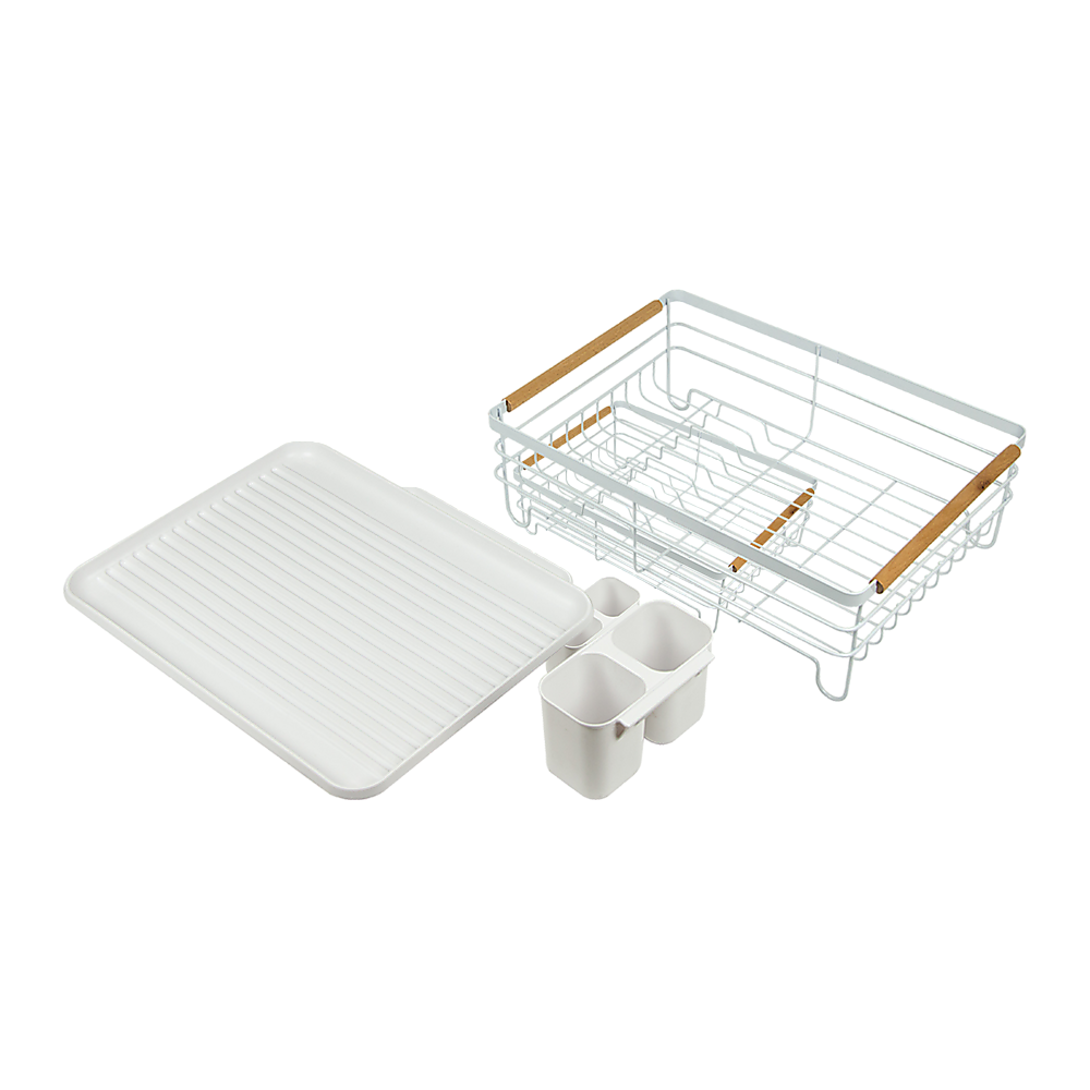 Dish Drying Rack Metal Drainboard Holder Tray Kitchen Plates Cutlery Wood Handle