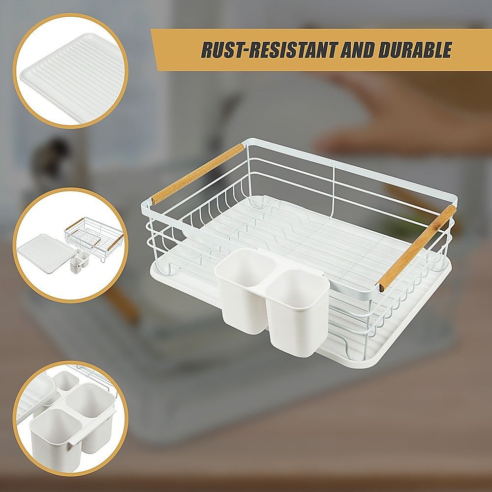 Dish Drying Rack Metal Drainboard Holder Tray Kitchen Plates Cutlery Wood Handle