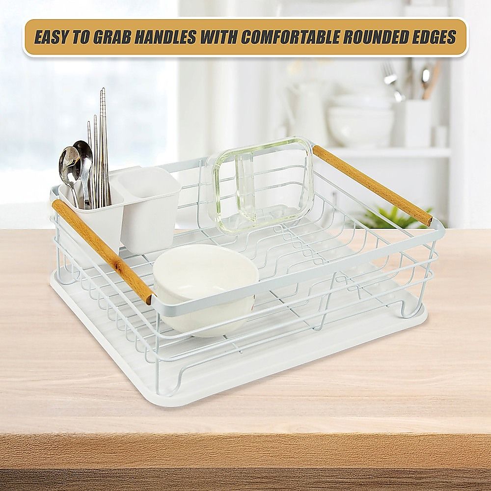 Dish Drying Rack Metal Drainboard Holder Tray Kitchen Plates Cutlery Wood Handle