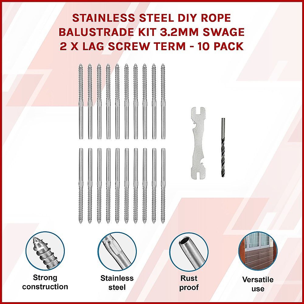 Stainless Steel DIY Rope Balustrade Kit 3.2mm Swage 2 x Lag Screw Term - 10 Pack