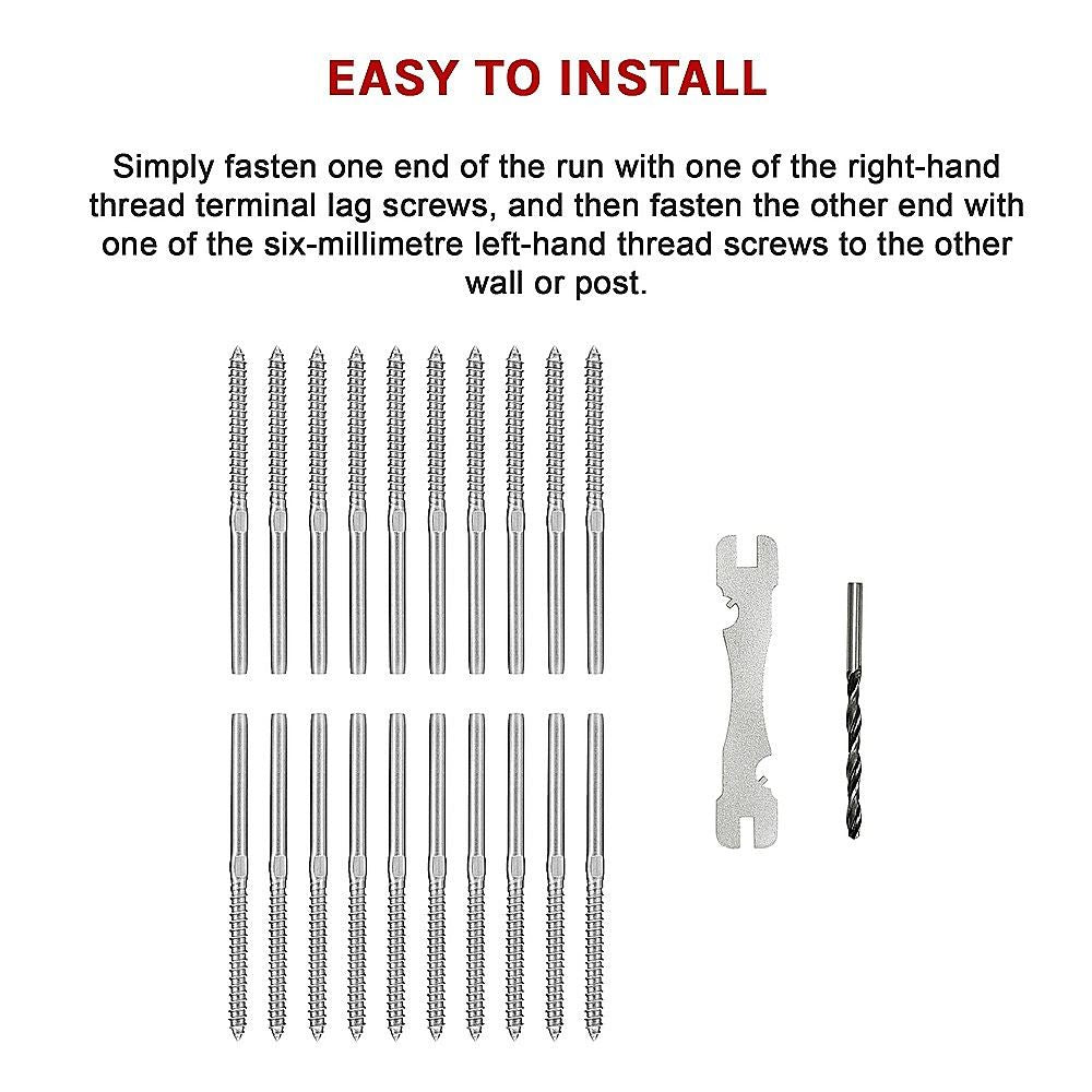 Stainless Steel DIY Rope Balustrade Kit 3.2mm Swage 2 x Lag Screw Term - 10 Pack
