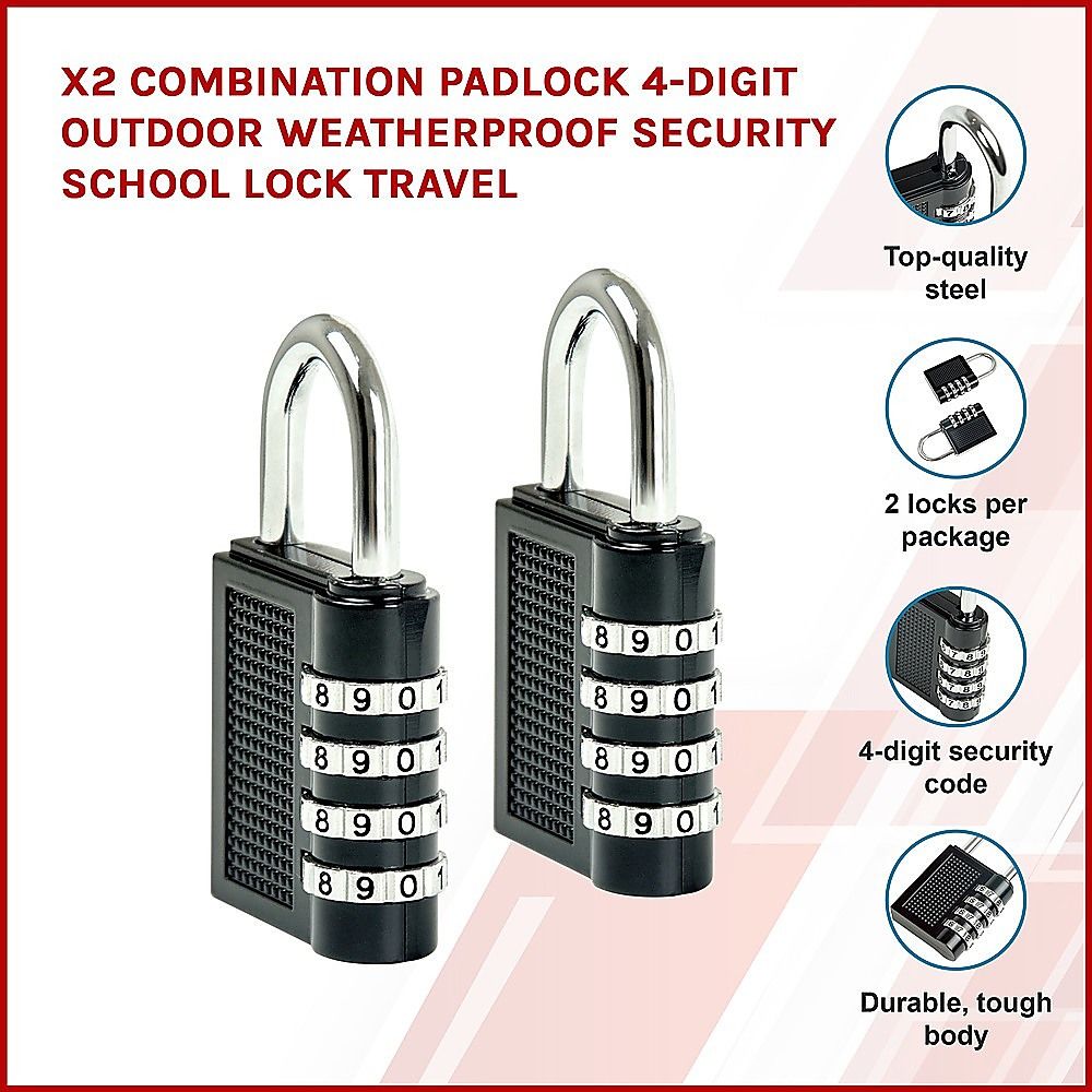 Combination Padlock X2 4-Digit Outdoor Weatherproof Security School Lock Travel