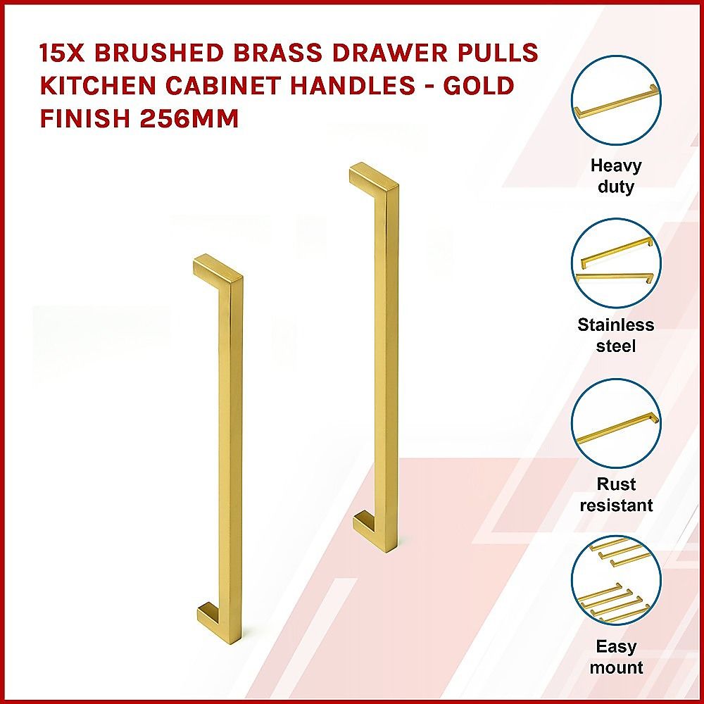 Brushed Brass Drawer Pulls Set of 15 - Kitchen Cabinet Handles Gold Finish 256mm