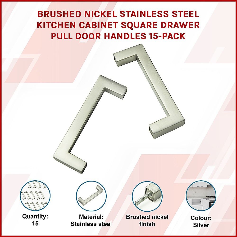 Brushed Nickel Stainless Steel Kitchen Cabinet Square Drawer Pull Handles 15-Pack