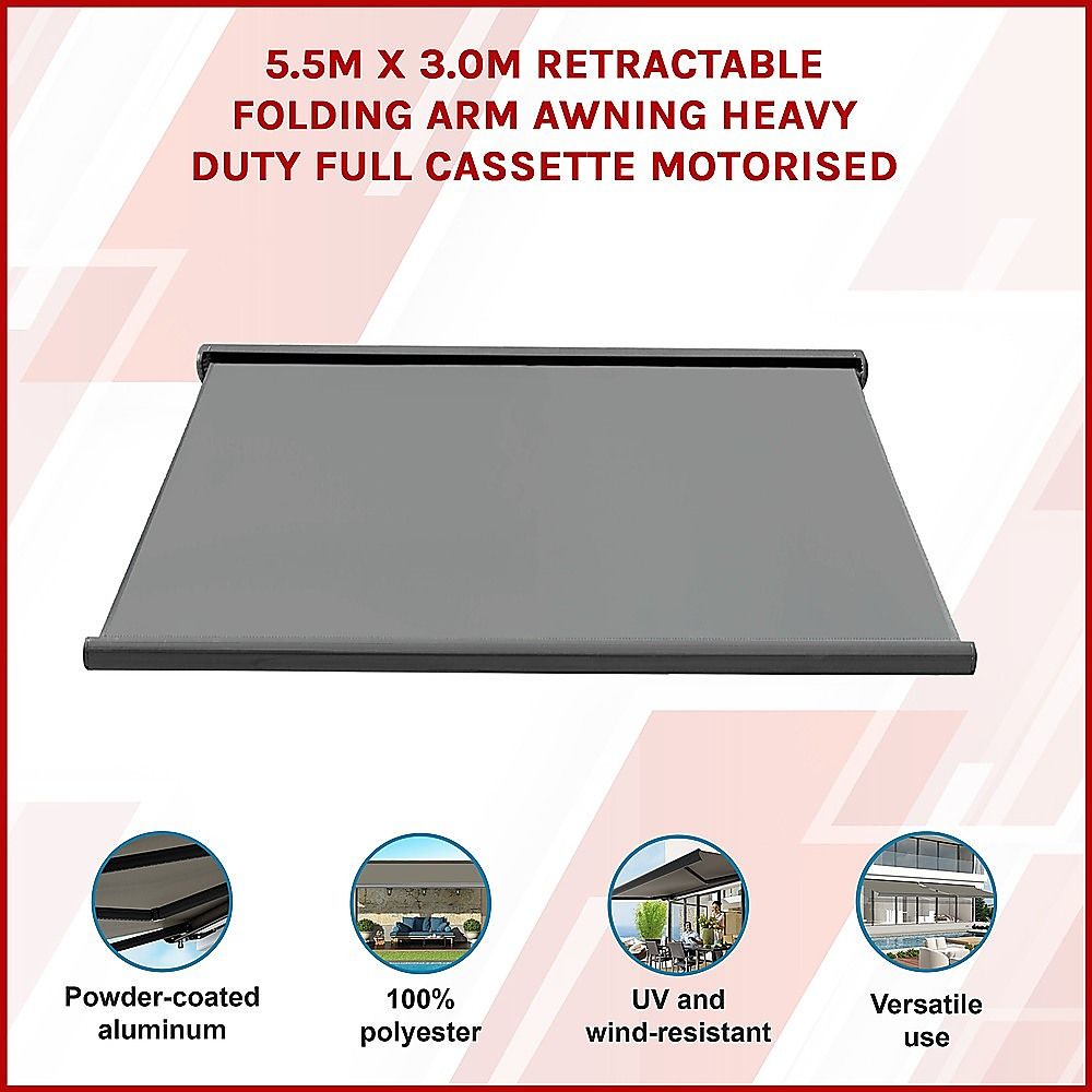 Retractable Folding Arm Awning 5.5m x 3.0m Heavy Duty Full Cassette Motorized