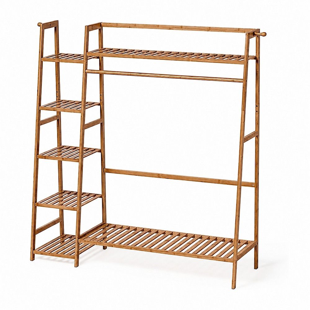 Clothes Rack Portable Coat Garment Stand Bamboo Rail Hanger Airer Closet