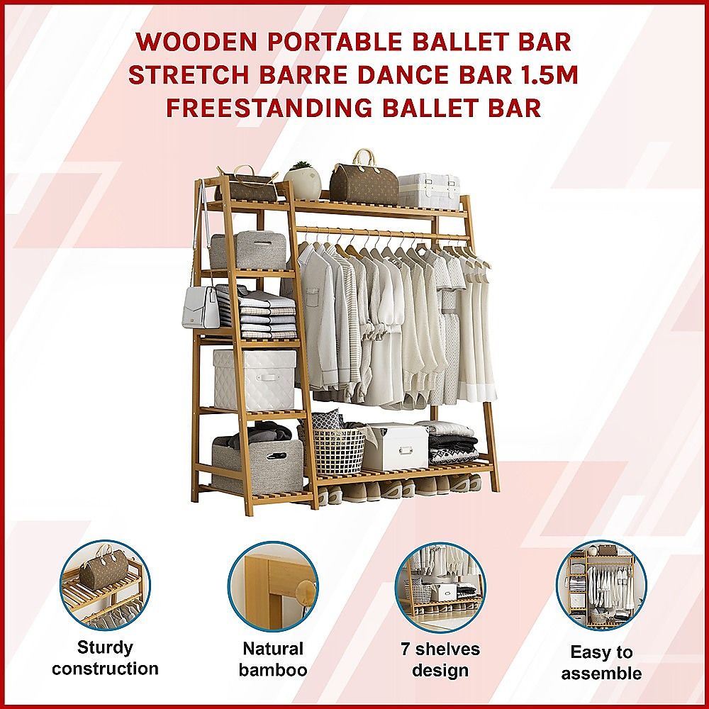 Clothes Rack Portable Coat Garment Stand Bamboo Rail Hanger Airer Closet