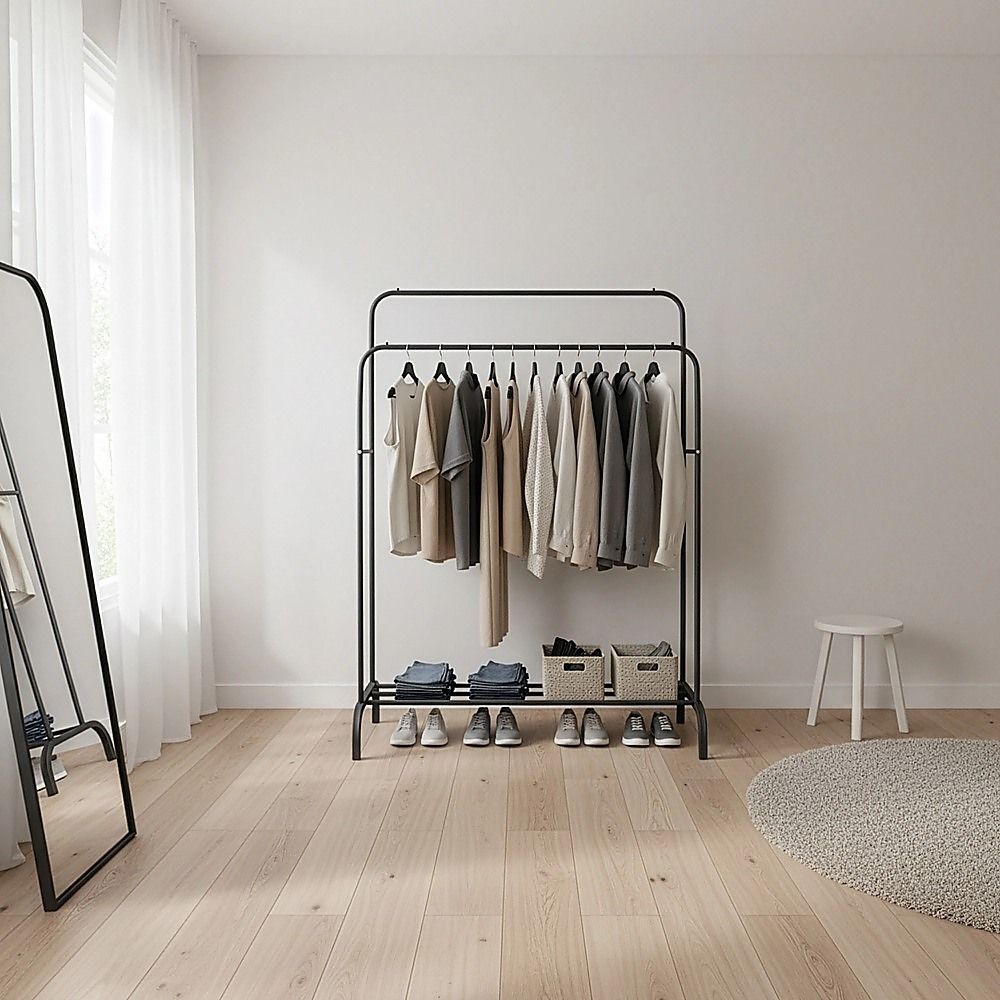 Heavy Metal Double Clothes Rail Hanging Rack Garment Display Stand with Storage Shelf