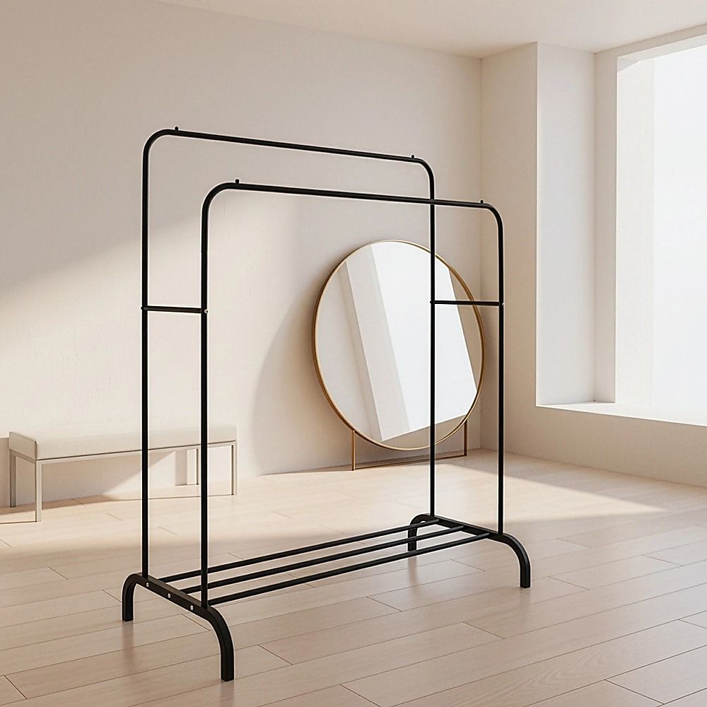Heavy Metal Double Clothes Rail Hanging Rack Garment Display Stand with Storage Shelf