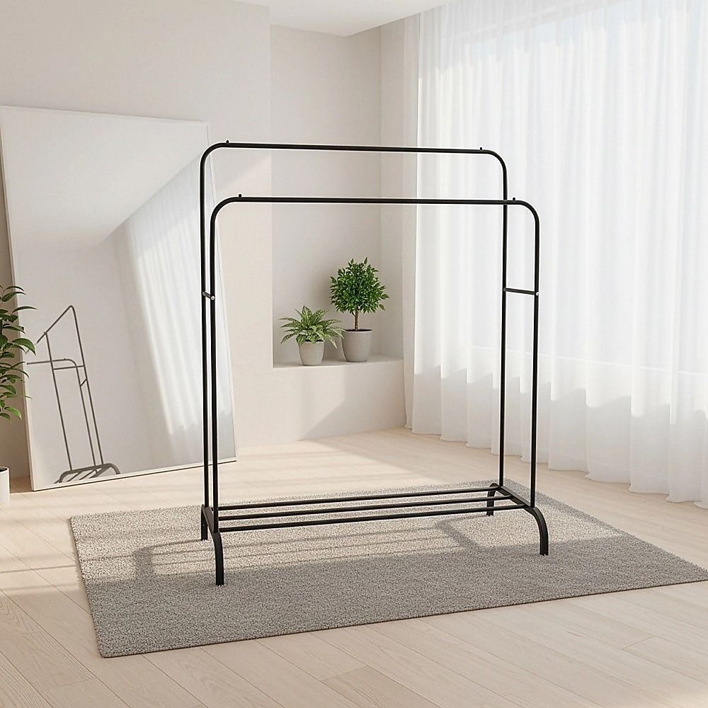 Heavy Metal Double Clothes Rail Hanging Rack Garment Display Stand with Storage Shelf
