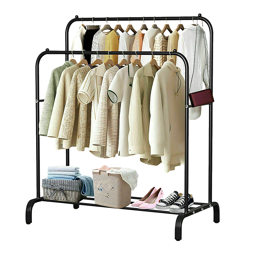 Heavy Metal Double Clothes Rail Hanging Rack Garment Display Stand with Storage Shelf