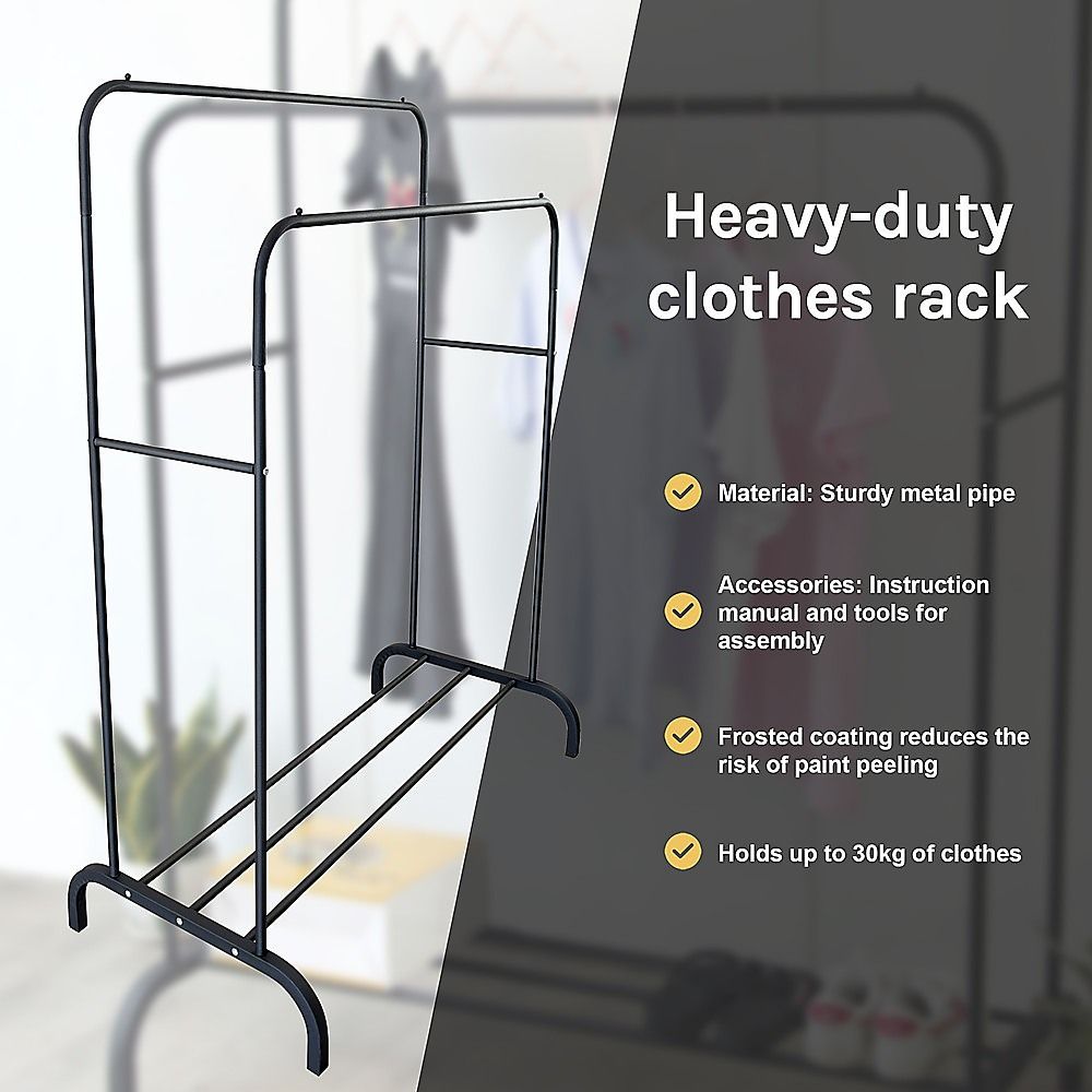 Heavy Metal Double Clothes Rail Hanging Rack Garment Display Stand with Storage Shelf
