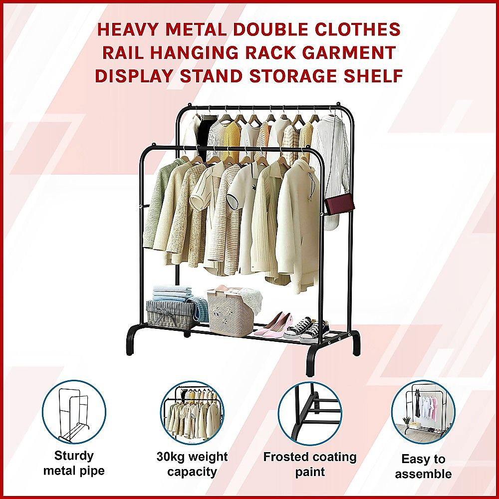 Heavy Metal Double Clothes Rail Hanging Rack Garment Display Stand with Storage Shelf