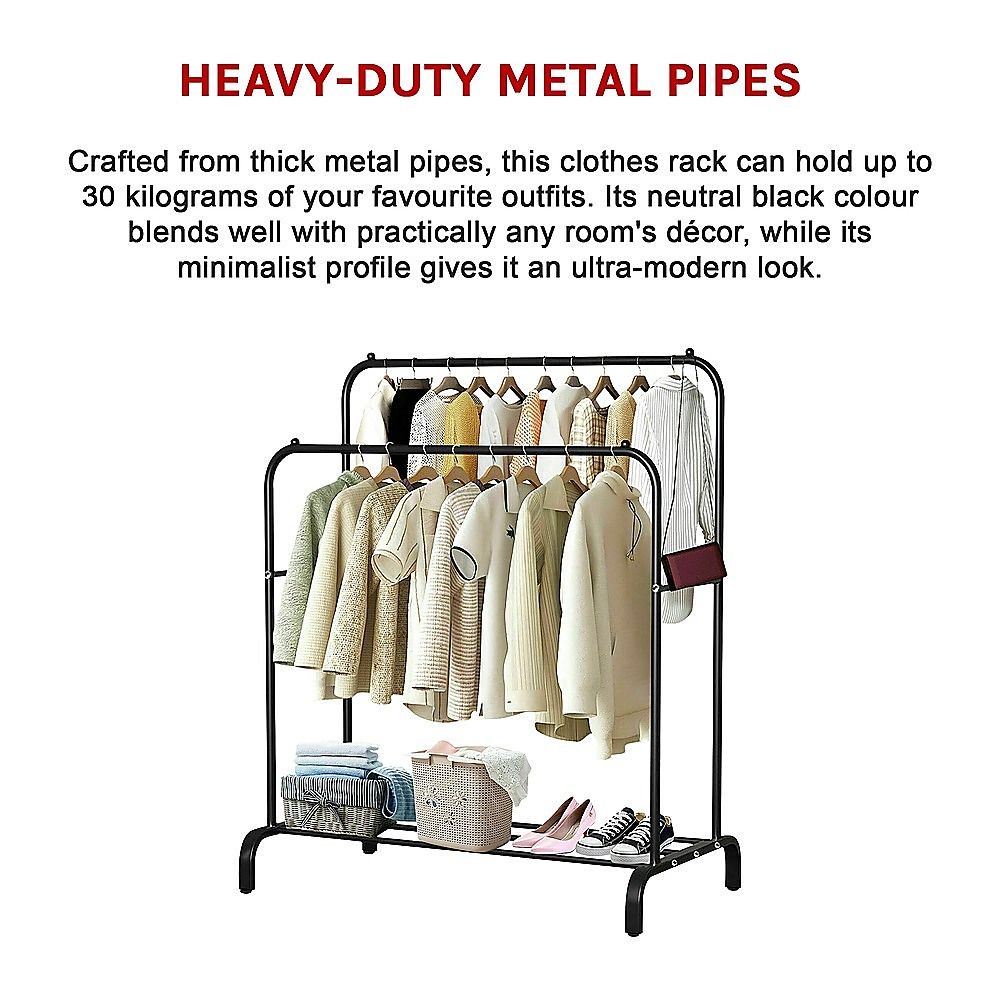 Heavy Metal Double Clothes Rail Hanging Rack Garment Display Stand with Storage Shelf