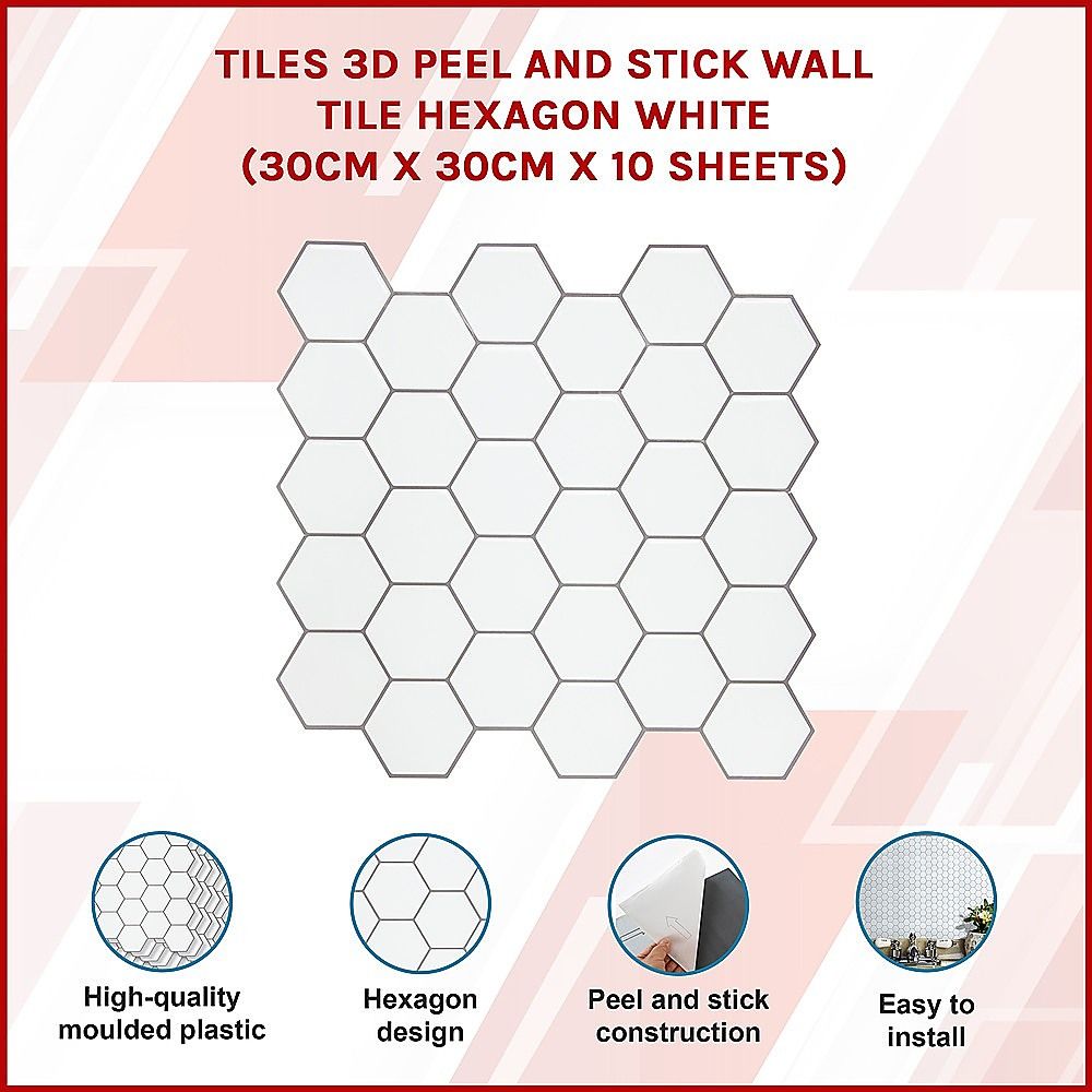Peel and Stick Wall Tile 3D Hexagon White (30cm x 30cm x 10 sheets)