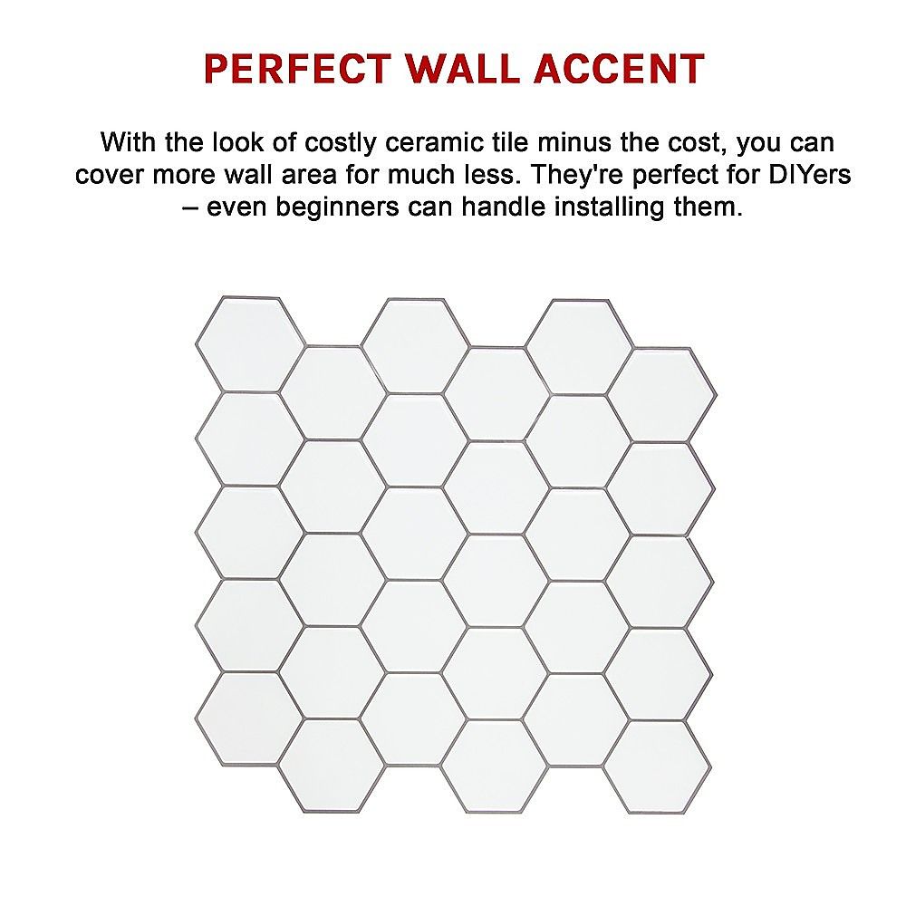 Peel and Stick Wall Tile 3D Hexagon White (30cm x 30cm x 10 sheets)