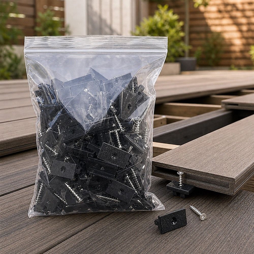 Composite Decking Hidden Fixing Fasteners - 100 Plastic T Clips & Screws