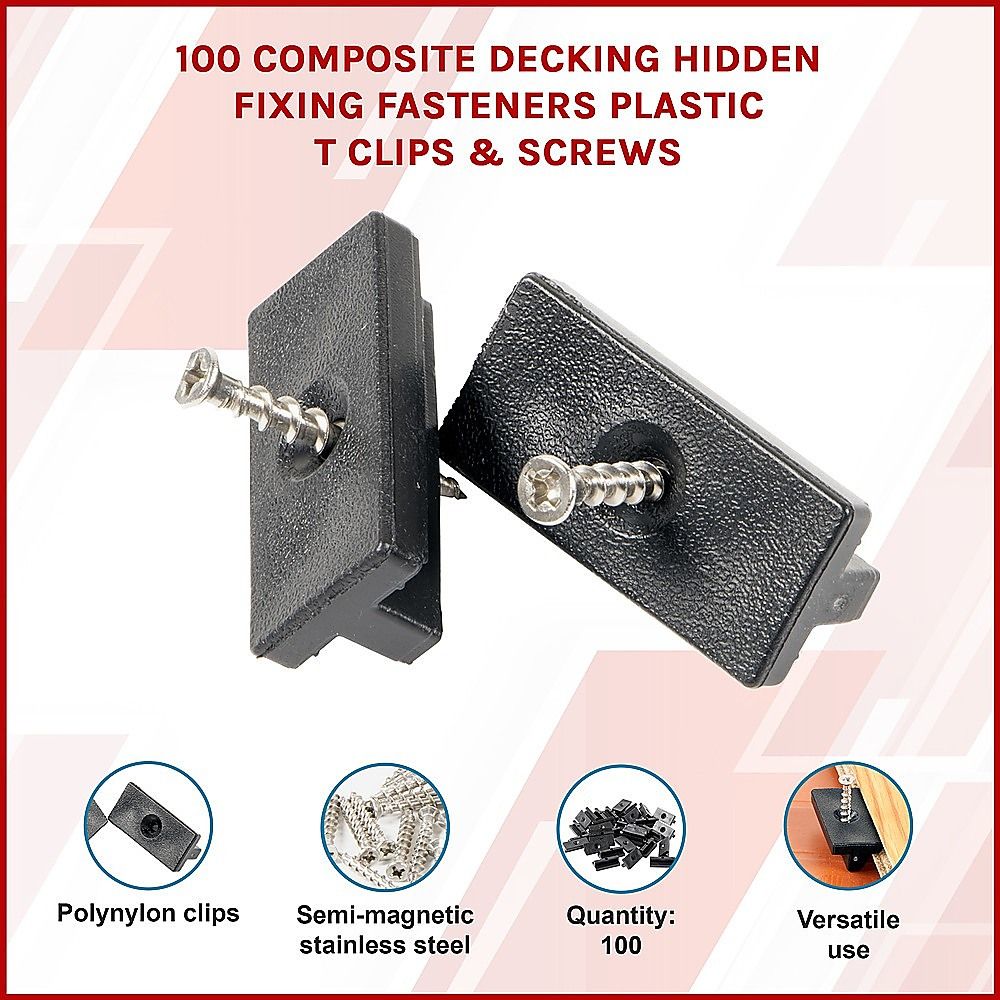 Composite Decking Hidden Fixing Fasteners - 100 Plastic T Clips & Screws